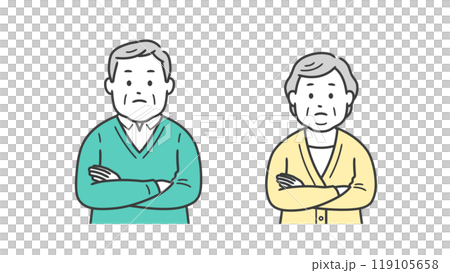 腕を組んで考える太った高齢者男女の上半身イラスト 腕を組んで考える太った高齢者男女の上半身イラスト 119105658