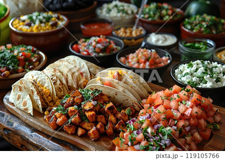A table set with Mexican street food for a fiesta. 119105766