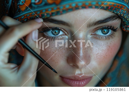Woman applying makeup before Eid al Adha celebrations close-up 119105861