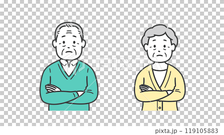 腕組みをして考える後期高齢者男女の上半身イラスト 119105883
