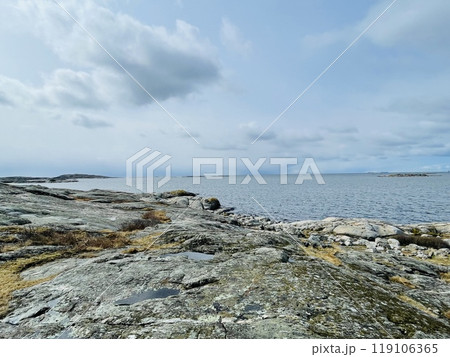 A view of red wooden houses on Vrango Archipelago island . 119106365