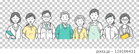 An upper body illustration of an elderly couple, a doctor, a nurse, a caregiver, and a care manager/nutritionist An upper body illustration of an elderly couple, a doctor, a nurse, a caregiver, and a care manager/nutritionist 119106431