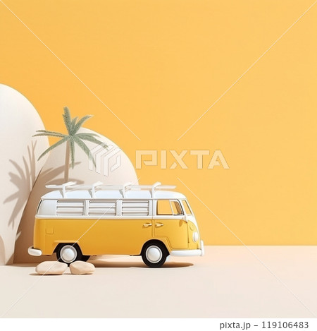 A car with summer vacation accessories ,yellow minimal background. 119106483