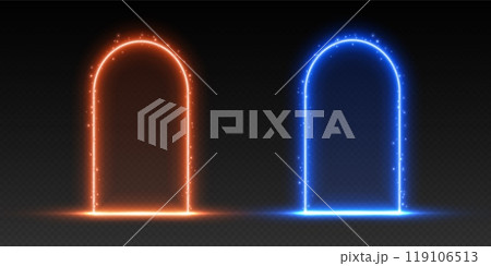Neon arches with sparkles, orange and blue glowing portals, futuristic gate, magic LED frames. Neon arches with sparkles, orange and blue glowing portals, futuristic gate, magic LED frames. 119106513