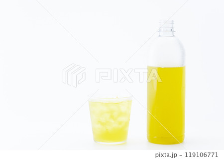 ペットボトルとグラスに入った緑茶 119106771