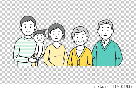Upper body illustration of a three-generation family gathered together Upper body illustration of a three-generation family gathered together 119106935