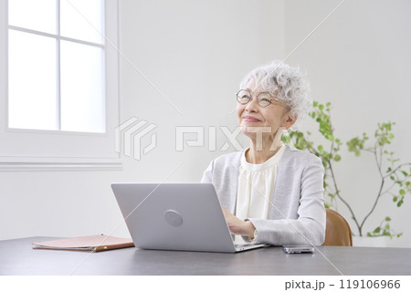ノートパソコンの前で想像するシニアのビジネスウーマン　オフィス 119106966