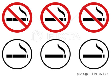 様々な形のたばこ、禁煙、喫煙所のベクターイラストセット 様々な形のたばこ、禁煙、喫煙所のベクターイラストセット 119107177