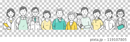 An upper body illustration of an elderly couple, family, doctor, nurse, caregiver, care manager, and nutritionist An upper body illustration of an elderly couple, family, doctor, nurse, caregiver, care manager, and nutritionist 119107805