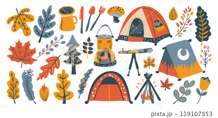 Set of isolated cute Fall elements in doodle hand drawn style on a transparent background. Vol.4 : Camping series in vivid orange, blue and yellow colors. Set of isolated cute Fall elements in doodle hand drawn style on a transparent background. Vol.4 : Camping series in vivid orange, blue and yellow colors. 119107853