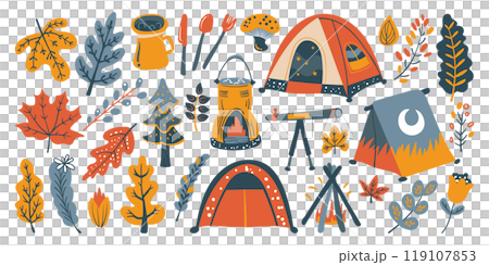 Set of isolated cute Fall elements in doodle hand drawn style on a transparent background. Vol.4 : Camping series in vivid orange, blue and yellow colors. 119107853