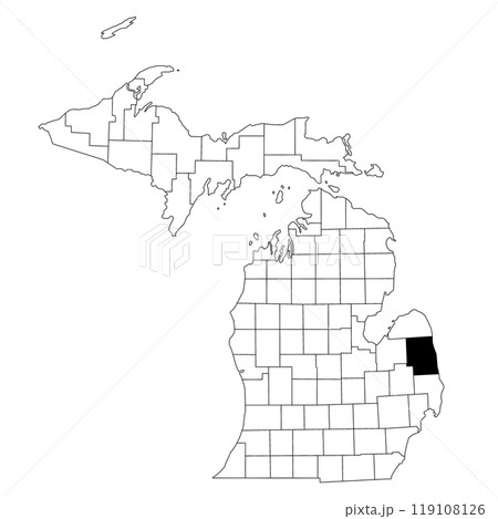 Map of sanilac County in Michigan state on white background. single County map highlighted by black colour on Michigan map. UNITED STATES, US Map of sanilac County in Michigan state on white background. single County map highlighted by black colour on Michigan map. UNITED STATES, US 119108126