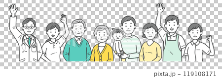 一對老年夫婦、家人、醫生、護士、護理人員和護理經理一起揮手的上半身插圖 119108171
