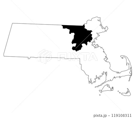 Map of Middlesex County in Massachusetts state on white background. single County map highlighted by black colour on Massachusetts map. UNITED STATES, US 119108311