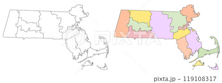 Massachusetts administrative map, Massachusetts outline and counties state map set - illustration version 119108317