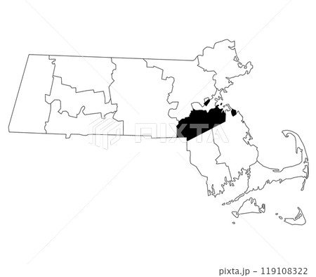 Map of Norfolk County in Massachusetts state on white background. single County map highlighted by black colour on Massachusetts map. UNITED STATES, US 119108322