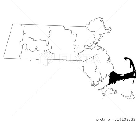 Map of Barnstable County in Massachusetts state on white background. single County map highlighted by black colour on Massachusetts map. UNITED STATES, US 119108335