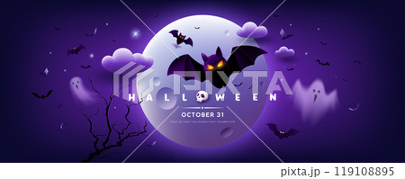 Happy Halloween, bat flying and ghost on full moon banner design purple background Happy Halloween, bat flying and ghost on full moon banner design purple background 119108895