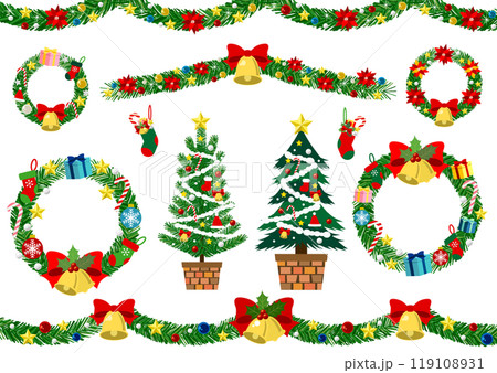 クリスマスフレームセット、緑、かわいい、モール、イラスト クリスマスフレームセット、緑、かわいい、モール、イラスト 119108931