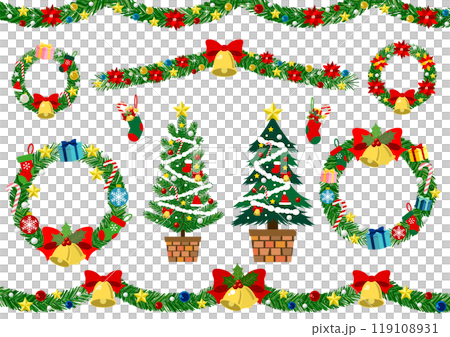 クリスマスフレームセット、緑、かわいい、モール、イラスト クリスマスフレームセット、緑、かわいい、モール、イラスト 119108931