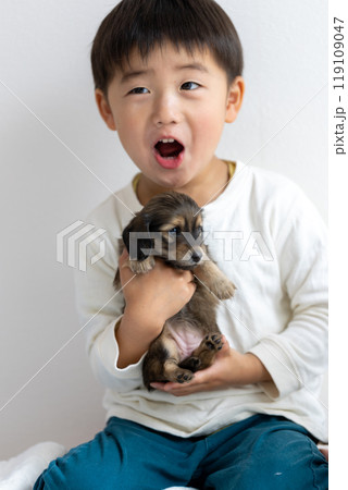 愛犬との家族写真　仔犬　カニンヘンダックスフンド 119109047