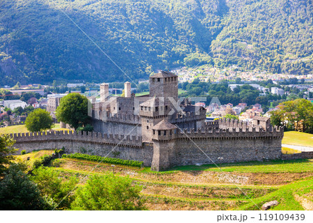 Montebello Castle on hilltop in Swiss town of Bellinzona 119109439