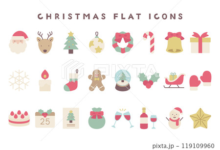 クリスマスのかわいいフラットアイコンセット。ナチュラルな雰囲気のベクターイラスト。 119109960