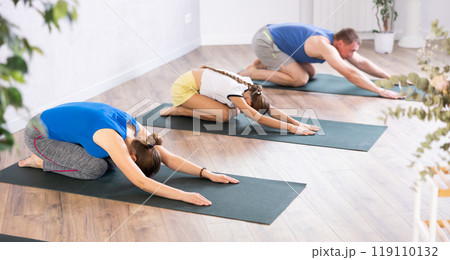 Family of four practicing yoga on mats, concept of families exercising together Family of four practicing yoga on mats, concept of families exercising together 119110132