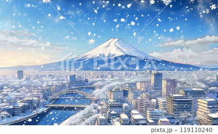 雪が降る富士山と街並み 119110240