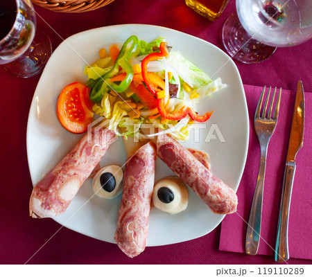 Ham rolls with asparagus mayonnaise and salad Ham rolls with asparagus mayonnaise and salad 119110289
