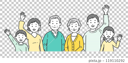 Upper body illustration of a three-generation family gathering and waving 119110292