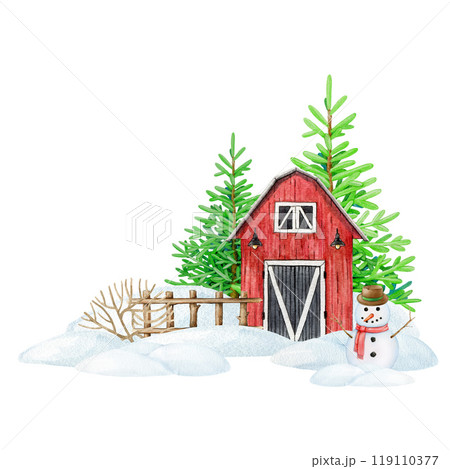 Winter time countryside landscape with red barn covered with snow. Vintage style painted illustration. Hand drawn red barn, funny snowman, fir trees, snow piles, wooden fence isolated on background Winter time countryside landscape with red barn covered with snow. Vintage style painted illustration. Hand drawn red barn, funny snowman, fir trees, snow piles, wooden fence isolated on background 119110377