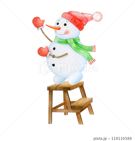 Funny snowman stand on step stool for decoration. Vintage style illustration. Hand drawn winter season cozy decor element. Christmas time indoor cozy decor design with snowman on white background 119110389