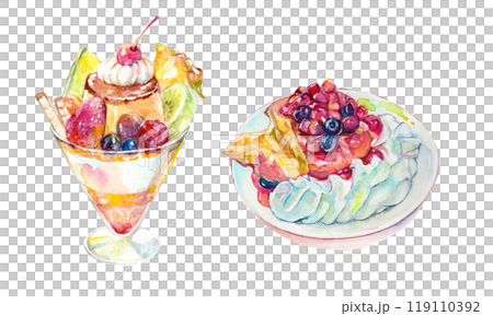 水彩で描いたプリンパフェとベリーパンケーキのイラスト 119110392