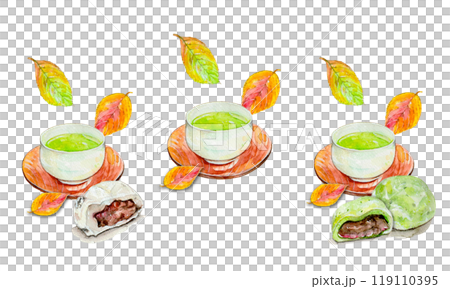 水彩で描いた秋の大福とお茶のイラスト 119110395
