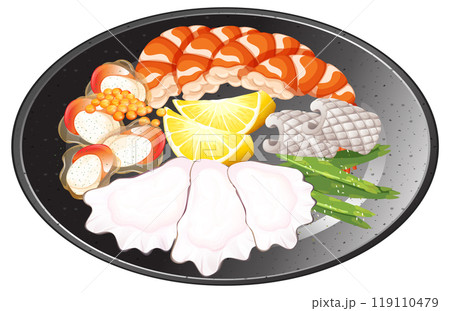 Delicious Seafood Platter with Lemon Slices Delicious Seafood Platter with Lemon Slices 119110479