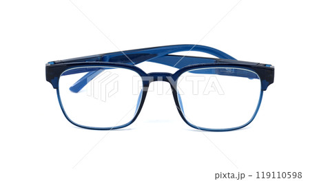 Stylish blue and black eyeglasses with frameless clear lenses isolated on white background 119110598