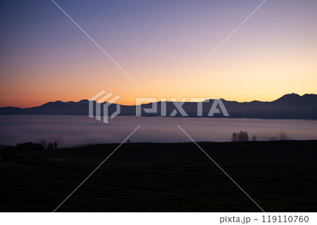 美しい朝霧の丘と大地 119110760