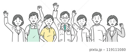 地域の社会福祉を支える医師と看護師と介護士とケアマネージャーと栄養士が集合した上半身イラスト 地域の社会福祉を支える医師と看護師と介護士とケアマネージャーと栄養士が集合した上半身イラスト 119111080