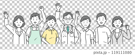地域の社会福祉を支える医師と看護師と介護士とケアマネージャーと栄養士が集合した上半身イラスト 地域の社会福祉を支える医師と看護師と介護士とケアマネージャーと栄養士が集合した上半身イラスト 119111080