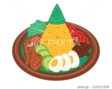 Nasi kuinng tumpeng tumpengan cultural Javanese Kalimantan traditional food Indonesia rice turmeric cuisine dish egg chicken vegetable ingredients design icon set colorful 119111104