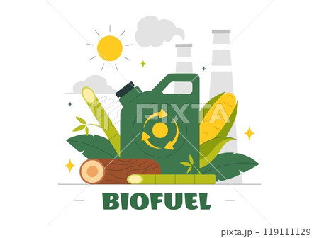 Biofuel Life Cycle of Natural Materials and Plants with Green Barrels and Biogas Production Energy in a Flat Cartoon Background Vector Illustration 119111129