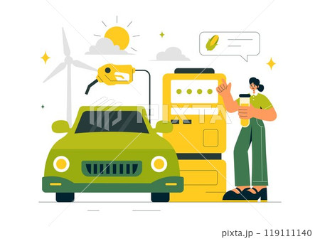 Biofuel Life Cycle of Natural Materials and Plants with Green Barrels and Biogas Production Energy in a Flat Cartoon Background Vector Illustration 119111140