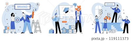 Brand building vector illustration. Promo, announcement, echoes progress and achievements ongoing brand building Brand building concept, compass, guides direction and purpose brand construction 119111373