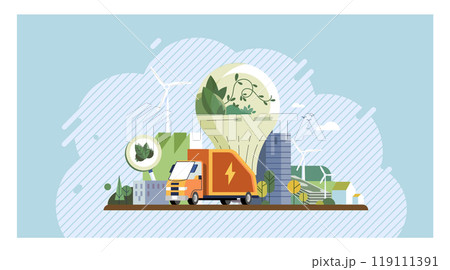 Environmental care concept. An eco-friendly city with electric truck, wind turbines, solar panel, and green energy bulb. Ideal for renewable energy, urban planning, sustainable transport 119111391