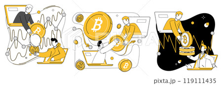 Cryptocurrency concept. People interact with laptops and Bitcoin symbols. Ideal for technology, finance, blockchain, digital transactions, and cryptocurrency education themes. Contemporary 119111435