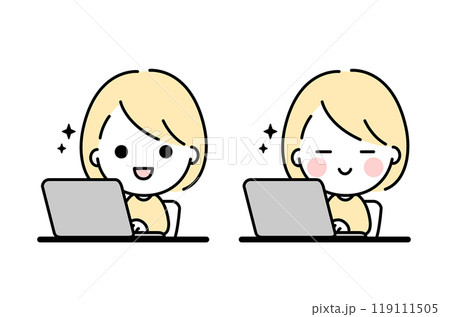 笑顔でノートパソコンを操作している可愛くてシンプルな女性のイラスト 笑顔でノートパソコンを操作している可愛くてシンプルな女性のイラスト 119111505