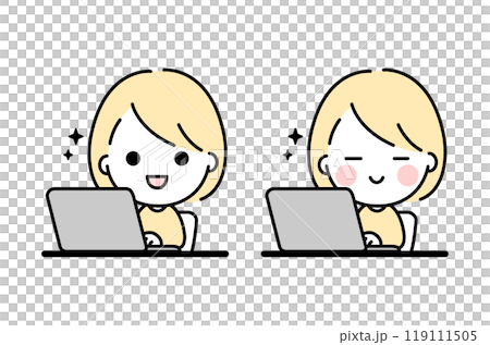 A cute and simple illustration of a woman smiling and operating a laptop 119111505