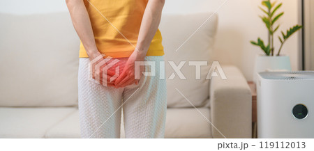Woman having Abdominal pain. Hemorrhoids disease Constipation, Colorectal cancer. Digestive system, Health care and medical concept 119112013