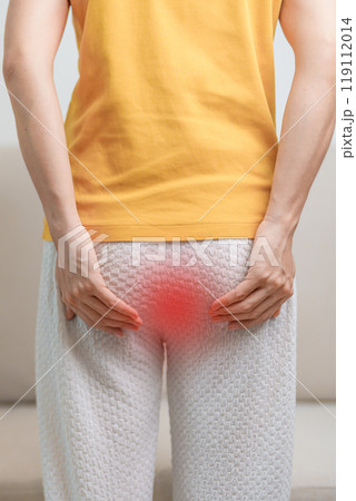 Woman having Abdominal pain. Hemorrhoids disease Constipation, Colorectal cancer. Digestive system, Health care and medical concept Woman having Abdominal pain. Hemorrhoids disease Constipation, Colorectal cancer. Digestive system, Health care and medical concept 119112014
